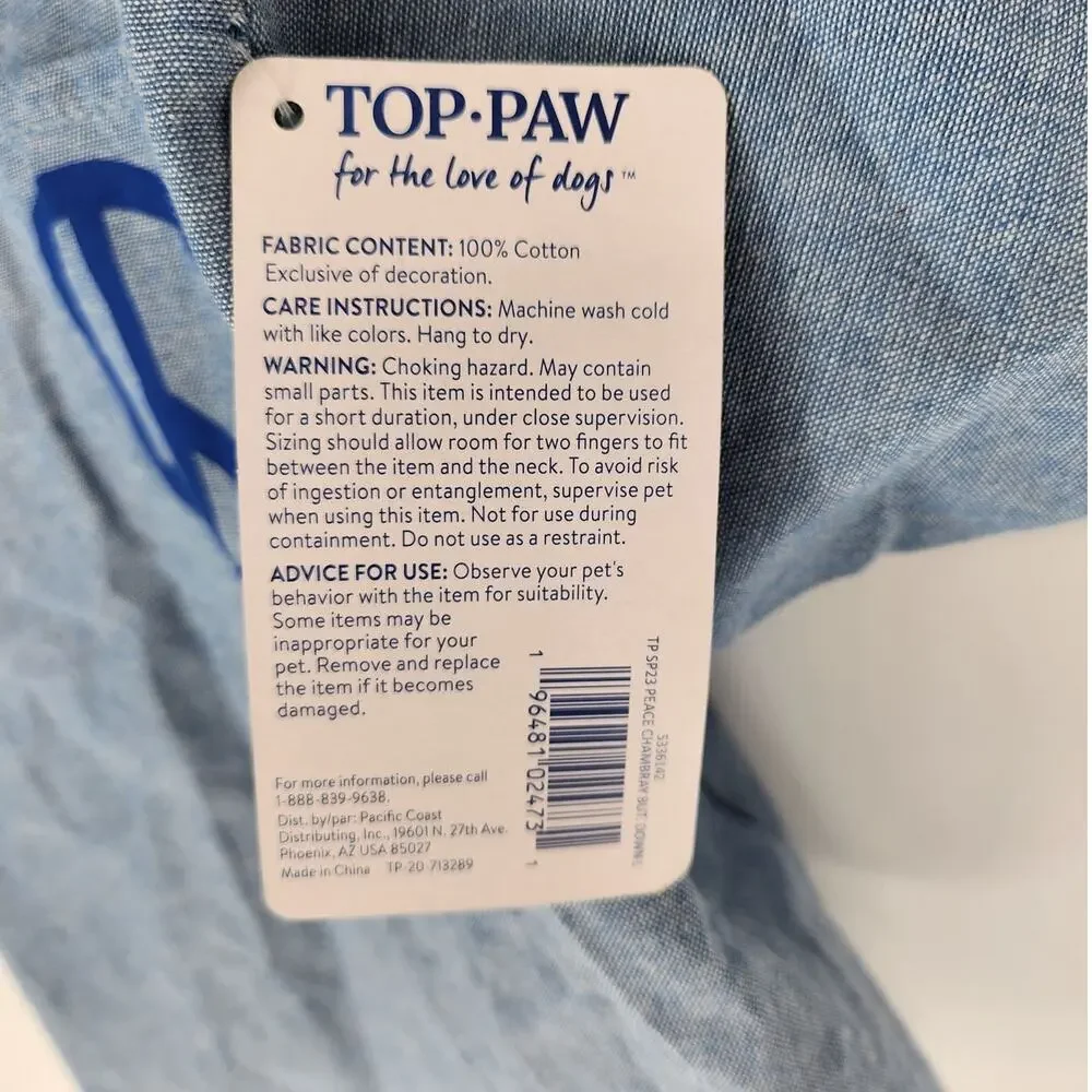 Top Paw Blue Button-Up Dog Shirt with Peace Sign – Size Large